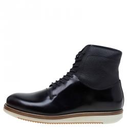 مملوكة مسبقًا Salvatore Ferragamo Black Leather Mito Lace up Sneaker Boots Size 43.5