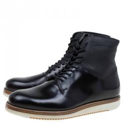 مملوكة مسبقًا Salvatore Ferragamo Black Leather Mito Lace up Sneaker Boots Size 43.5