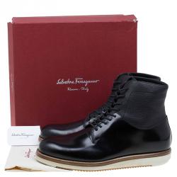 مملوكة مسبقًا Salvatore Ferragamo Black Leather Mito Lace up Sneaker Boots Size 43.5
