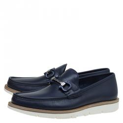 Pre Owned حذاء لوفرز سلفاتوري فيراغامو ليماس غانشيني جلد أزرق بهورسبيت مقاس 44