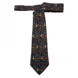 Pre Owned Salvatore Ferragamo Navy Blue Printed Silk Tie