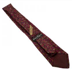 Pre Owned Salvatore Ferragamo Burgundy Birds Print Silk Tie