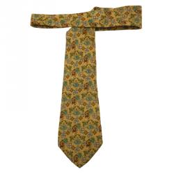 Pre Owned Salvatore Ferragamo Yellow Farmer and Birds Print Silk Tie