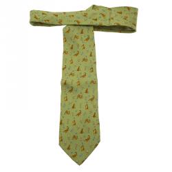 Pre Owned Salvatore Ferragamo Green Tiger and Flower Print Silk Tie