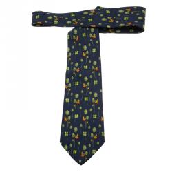 Pre Owned Salvatore Ferragamo Navy Blue Leaf and Butterfly Print Silk Tie