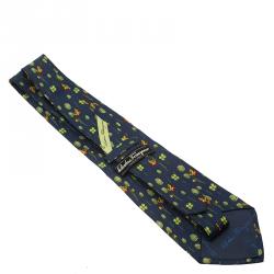 Pre Owned Salvatore Ferragamo Navy Blue Leaf and Butterfly Print Silk Tie