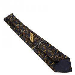 Pre Owned Salvatore Ferragamo Navy Blue Leopard Print Silk Tie