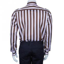 Pre Owned Salvatore Ferragamo Men's Brown and Pink Striped Shirt L