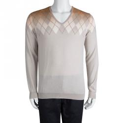 Salvatore Ferragammo Beige Argyle Pattern V-Neck Sweater M