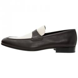Pre Owned Salvatore Ferragamo Brown and White Leather Slip On Loafers Size 44