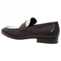 Pre Owned Salvatore Ferragamo Brown and White Leather Slip On Loafers Size 44
