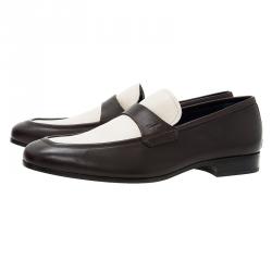 Pre Owned Salvatore Ferragamo Brown and White Leather Slip On Loafers Size 44