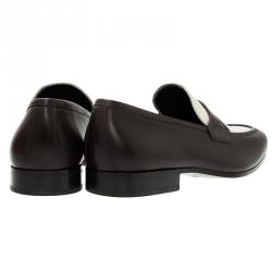 Pre Owned Salvatore Ferragamo Brown and White Leather Slip On Loafers Size 44