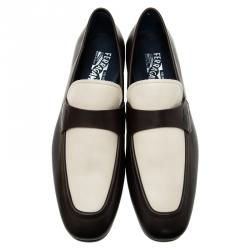 Pre Owned Salvatore Ferragamo Brown and White Leather Slip On Loafers Size 44
