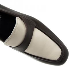 Pre Owned Salvatore Ferragamo Brown and White Leather Slip On Loafers Size 44