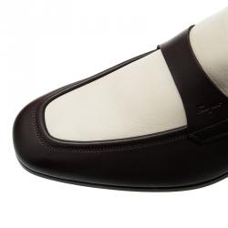 Pre Owned Salvatore Ferragamo Brown and White Leather Slip On Loafers Size 44