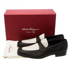 Pre Owned Salvatore Ferragamo Brown and White Leather Slip On Loafers Size 44