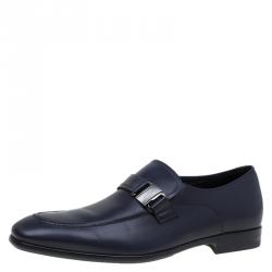 Salvatore Ferragamo Navy Blue Leather Mattia Loafers Size 41