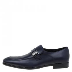 Salvatore Ferragamo Navy Blue Leather Mattia Loafers Size 41