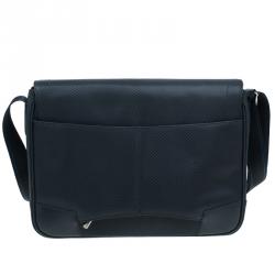 S.T. Dupont Black Leather Carbone Laptop Messenger Bag with Battery Pouch