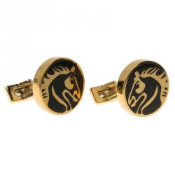 Pre Owned S.T. Dupont Black Lacquer Horse Gold Plated Limited Edition Cufflinks