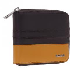 Tod's Dark Brown and Mustard Leather Zip-Around Compact Wallet 