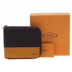 Tod's Dark Brown and Mustard Leather Zip-Around Compact Wallet 