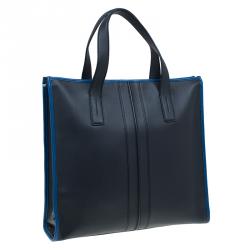 Pre Owned Tod's Black/Blue Leather Slim Zip Script Tote