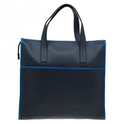 Pre Owned Tod's Black/Blue Leather Slim Zip Script Tote