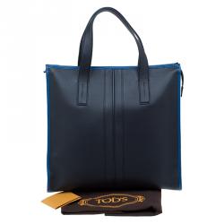 Pre Owned Tod's Black/Blue Leather Slim Zip Script Tote