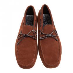 Pre Owned Tod's Brick Red Suede Bow Loafers Size 44.5