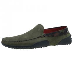 Pre Owned Tod's for Ferrari Military Green Camouflage Suede Loafers Size 44.5