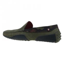 Pre Owned Tod's for Ferrari Military Green Camouflage Suede Loafers Size 44.5