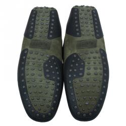 Pre Owned Tod's for Ferrari Military Green Camouflage Suede Loafers Size 44.5