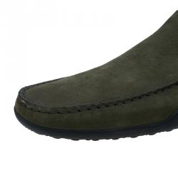 Pre Owned Tod's for Ferrari Military Green Camouflage Suede Loafers Size 44.5