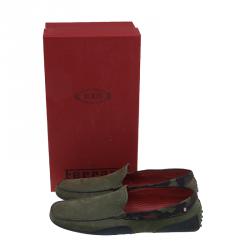 Pre Owned Tod's for Ferrari Military Green Camouflage Suede Loafers Size 44.5