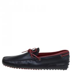 Pre Owned Tod's for Ferrari Black and Red Leather Bow Loafers Size 42