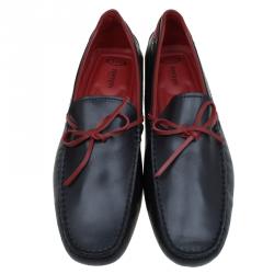 Pre Owned Tod's for Ferrari Black and Red Leather Bow Loafers Size 42