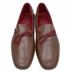 Pre Owned Tod's For Ferrari Brown Leather Bow Loafers Size 44.5
