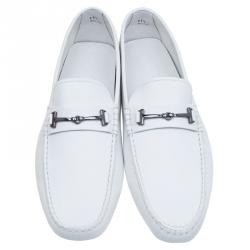 مملوكة مسبقًا Tod's White Leather Horsebit Buckle Loafers Size 46.5