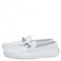 مملوكة مسبقًا Tod's White Leather Horsebit Buckle Loafers Size 46.5
