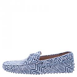 Pre Owned حذاء لوفرز تودز بفيونكة جلد نقش أبيض وأزرق مقاس 43