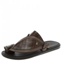 Tod's Brown Croc Embossed Leather Sandals Size 41.5