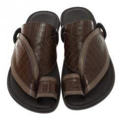 Tod's Brown Croc Embossed Leather Sandals Size 41.5