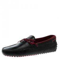 Pre Owned Tod's for Ferrari Black and Red Leather Bow Loafers Size 42