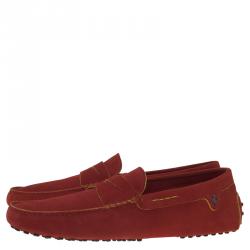 Pre Owned Tod's for Ferrari Red Suede Penny Loafers Size 44