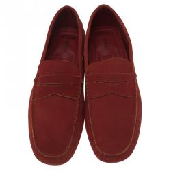 Pre Owned Tod's for Ferrari Red Suede Penny Loafers Size 44