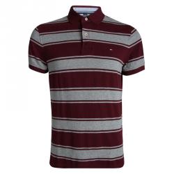 Tommy Hilfiger Red And Grey Striped Custom Fit Polo T- Shirt M