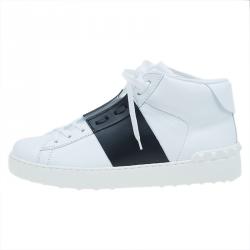 Pre Owned Valentino White and Black Banded Leather High Top Sneakers Size 40