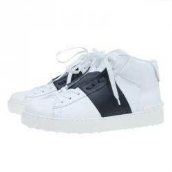 Pre Owned Valentino White and Black Banded Leather High Top Sneakers Size 40